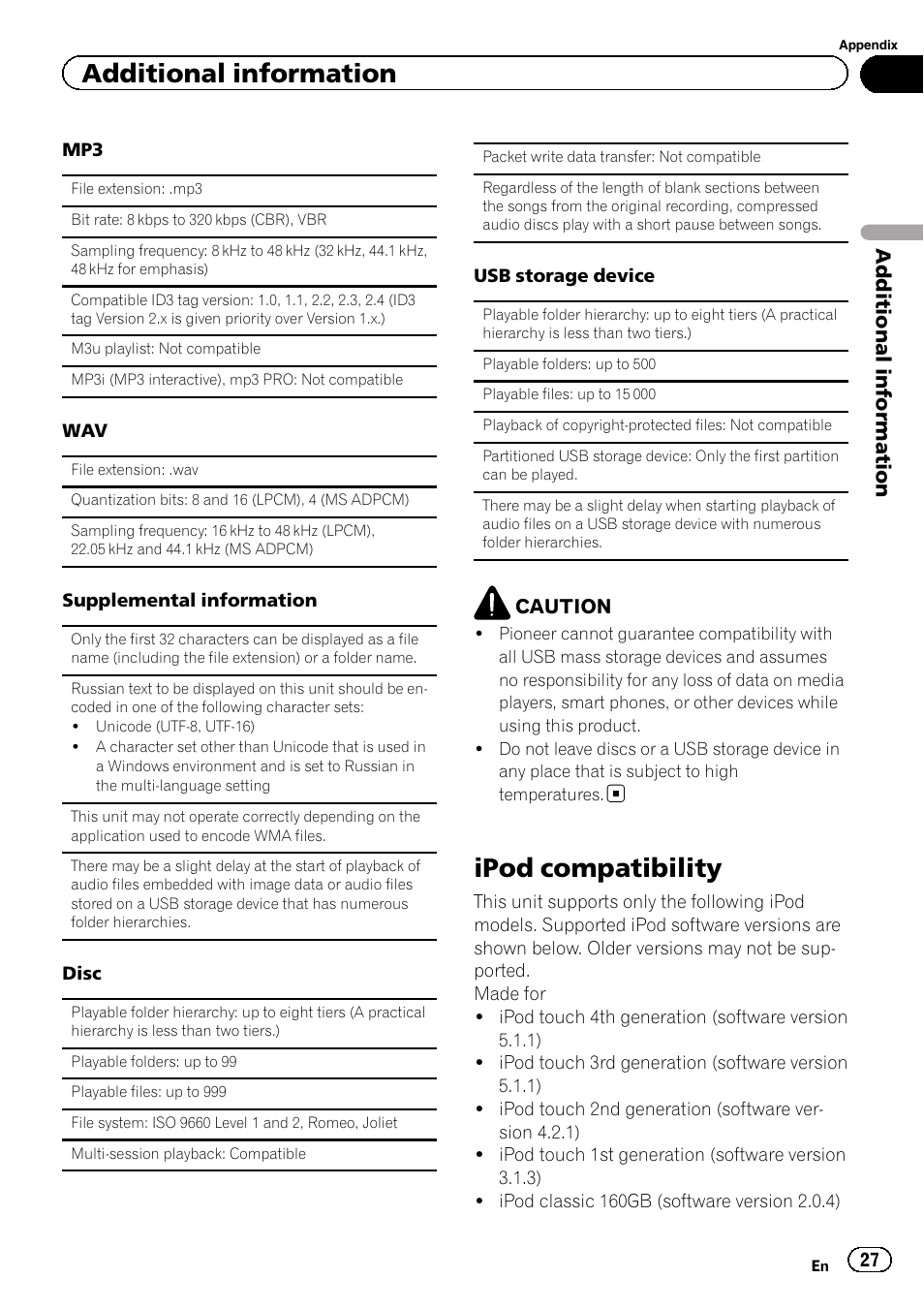 Ipod compatibility, Additional information | Pioneer DEH-X5500BT User Manual | Page 27 / 32