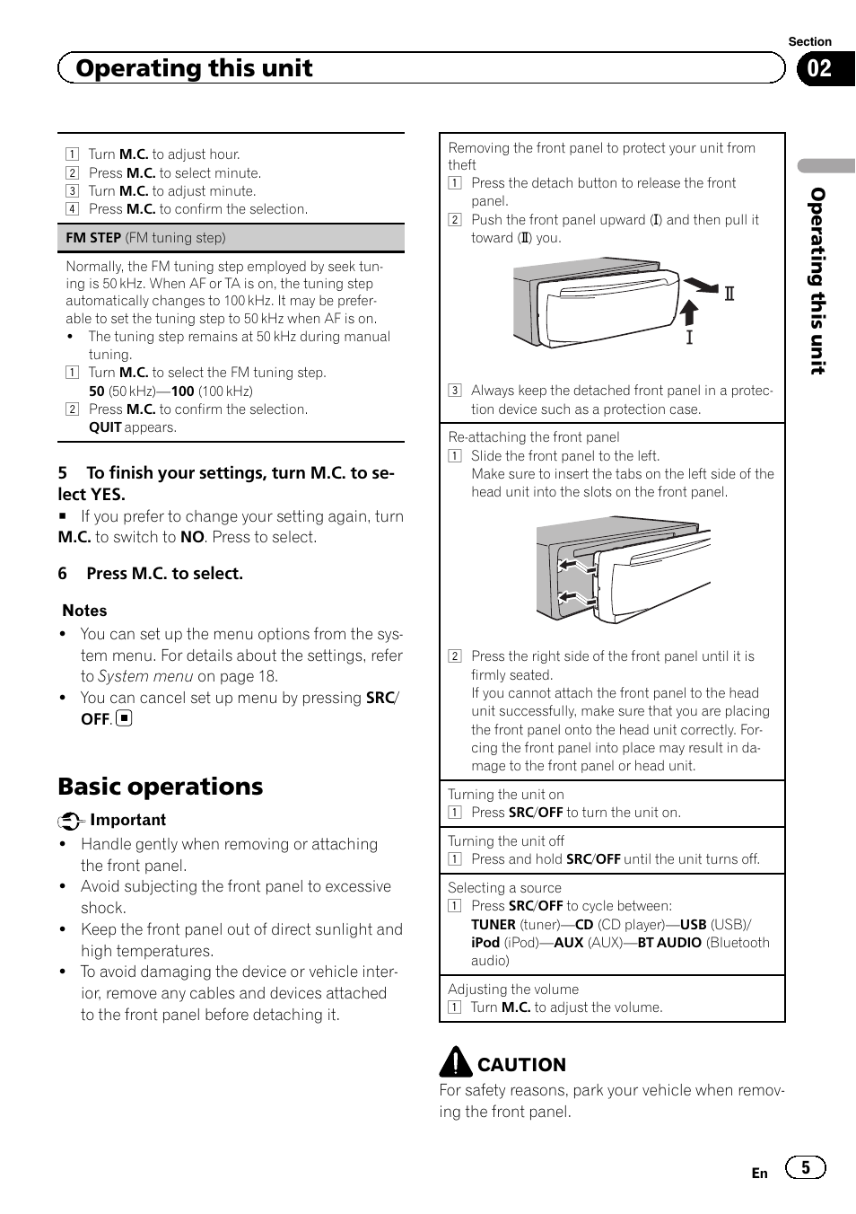 Basic operations, Operating this unit | Pioneer DEH-X5500BT User Manual | Page 5 / 32