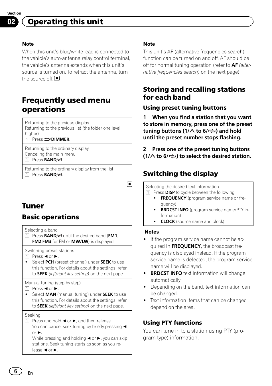 Frequently used menu operations, Tuner, 02 operating this unit | Basic operations, Storing and recalling stations for each band, Switching the display | Pioneer DEH-X5500BT User Manual | Page 6 / 32