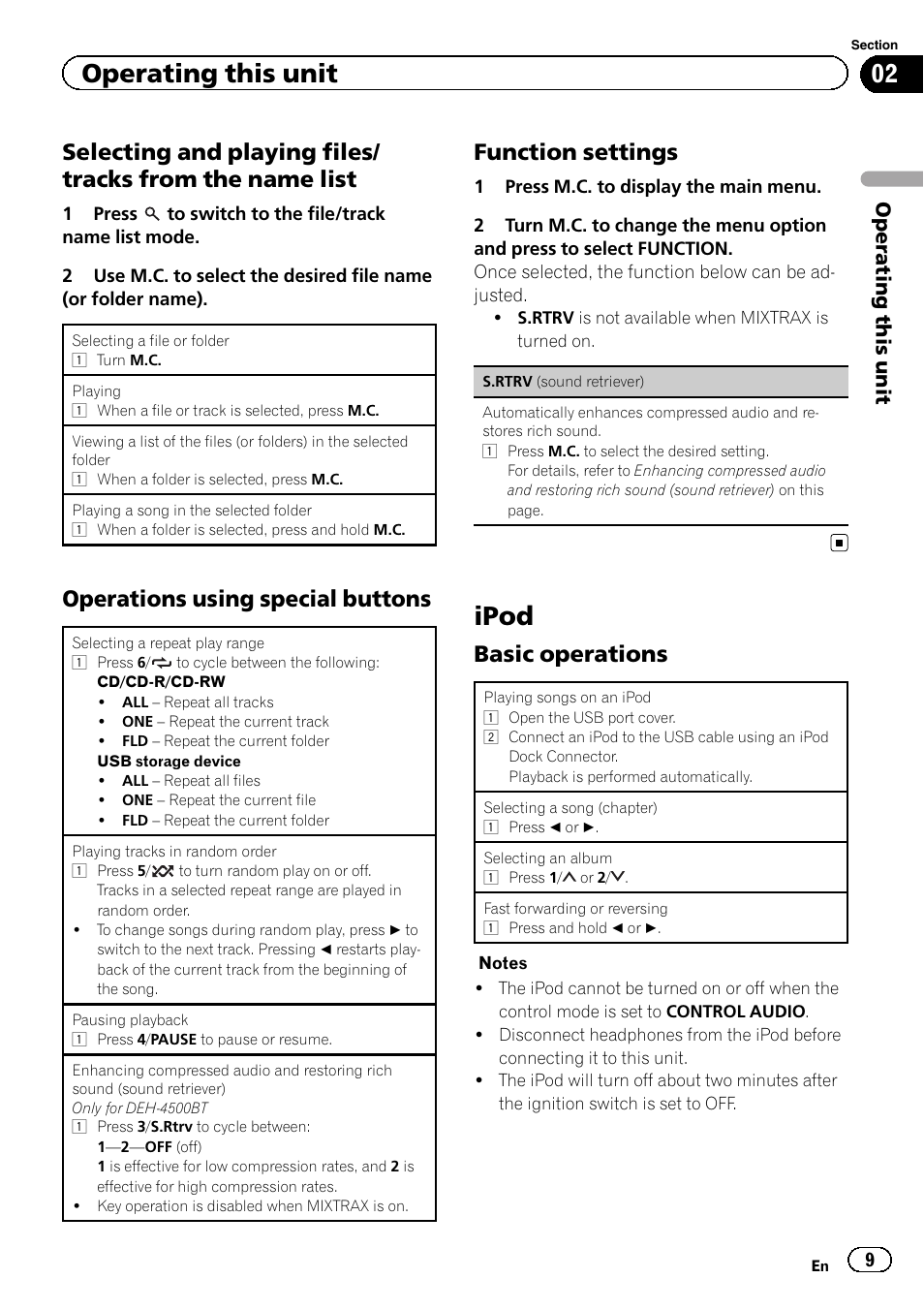 Ipod, Operations using special buttons, Function settings | Basic operations, Operating this unit | Pioneer DEH-X5500BT User Manual | Page 9 / 32