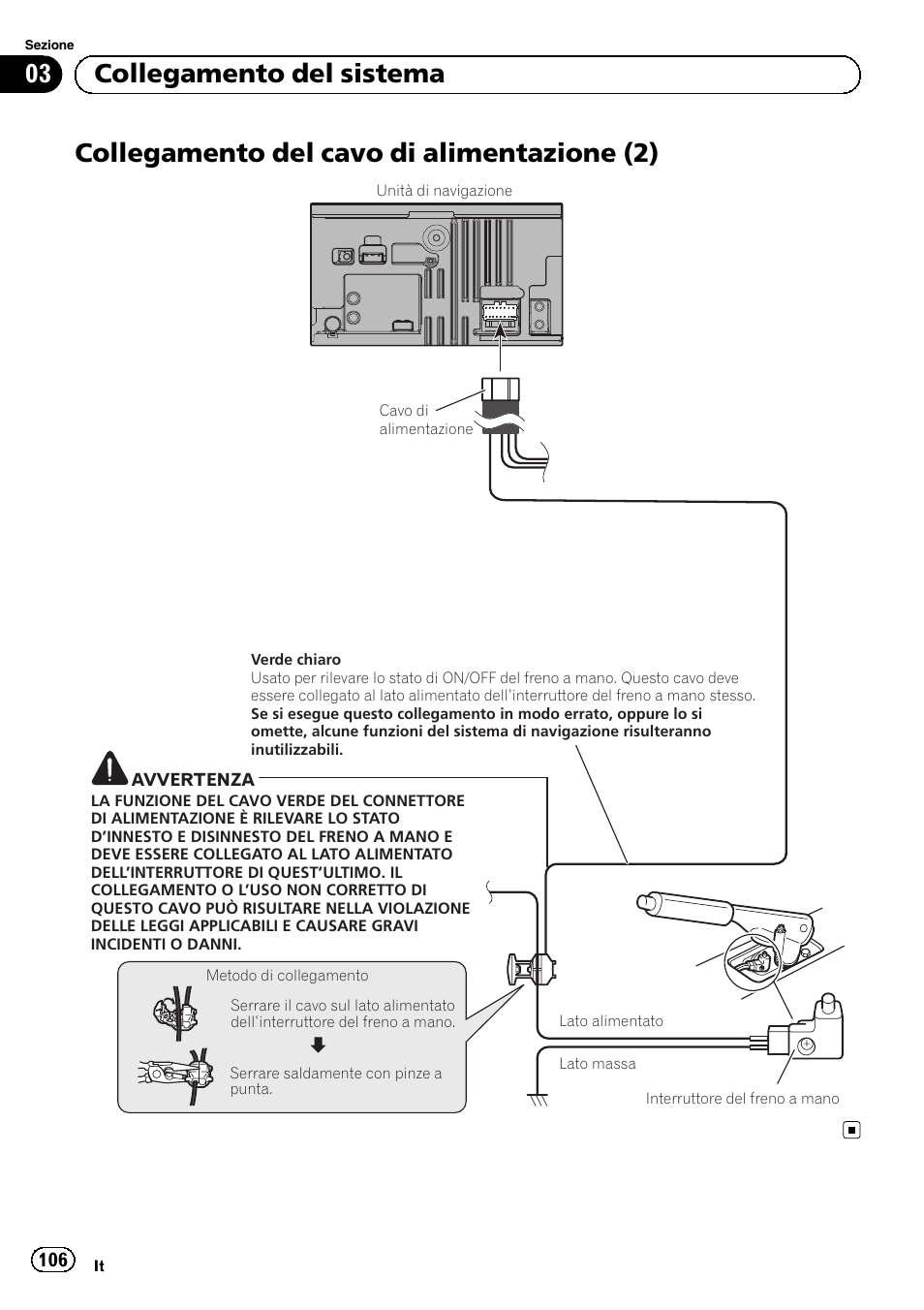 Collegamento del cavo di alimentazione, Collegamento del cavo di alimentazione (2), 03 collegamento del sistema | Pioneer AVIC-F320BT User Manual | Page 106 / 144