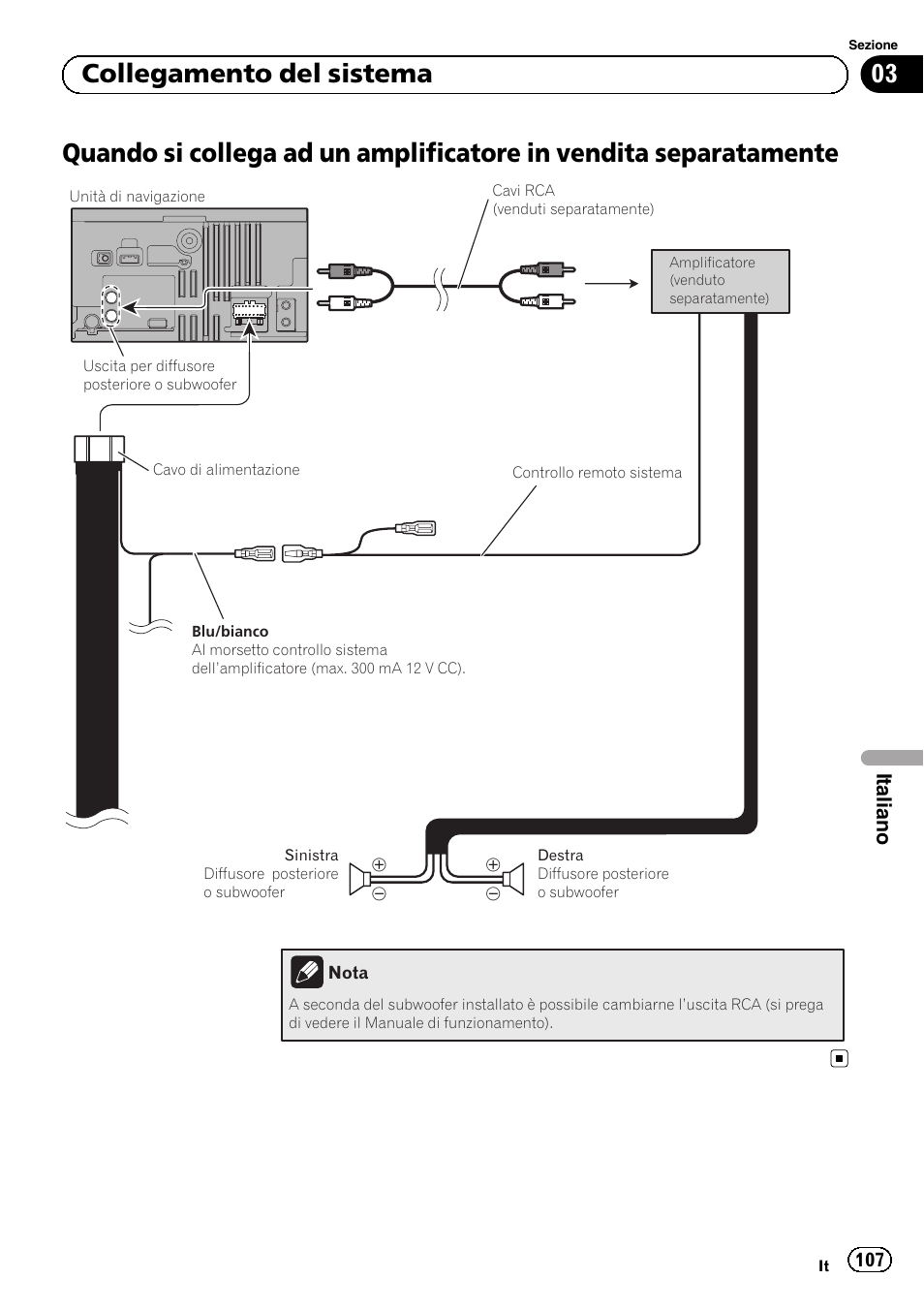 Quando si collega ad un amplificatore in, Vendita separatamente, 03 collegamento del sistema | Italiano | Pioneer AVIC-F320BT User Manual | Page 107 / 144