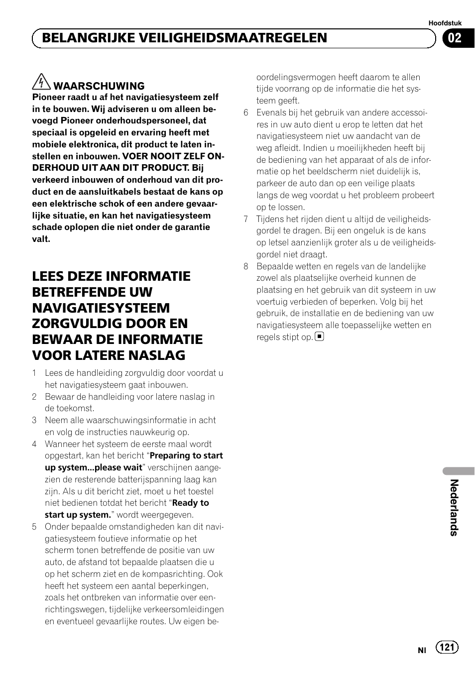 02 belangrijke veiligheidsmaatregelen | Pioneer AVIC-F320BT User Manual | Page 121 / 144