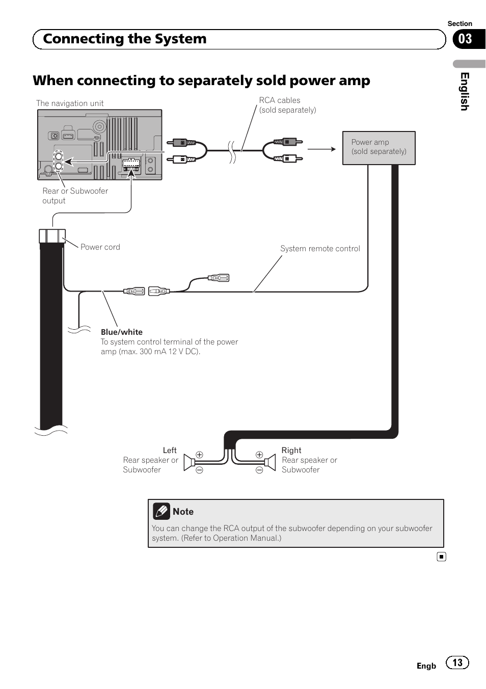 When connecting to separately sold power, When connecting to separately sold power amp, 03 connecting the system | English | Pioneer AVIC-F320BT User Manual | Page 13 / 144