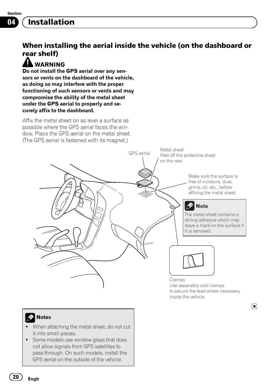 When installing the aerial inside the, Vehicle (on the dashboard or rear shelf), 04 installation | Pioneer AVIC-F320BT User Manual | Page 20 / 144