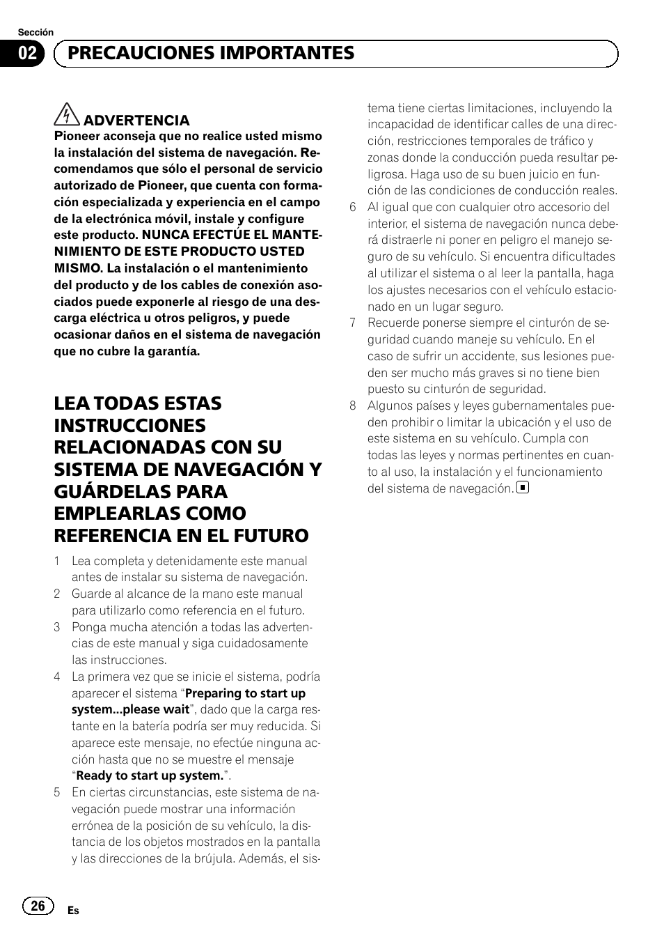 02 precauciones importantes | Pioneer AVIC-F320BT User Manual | Page 26 / 144