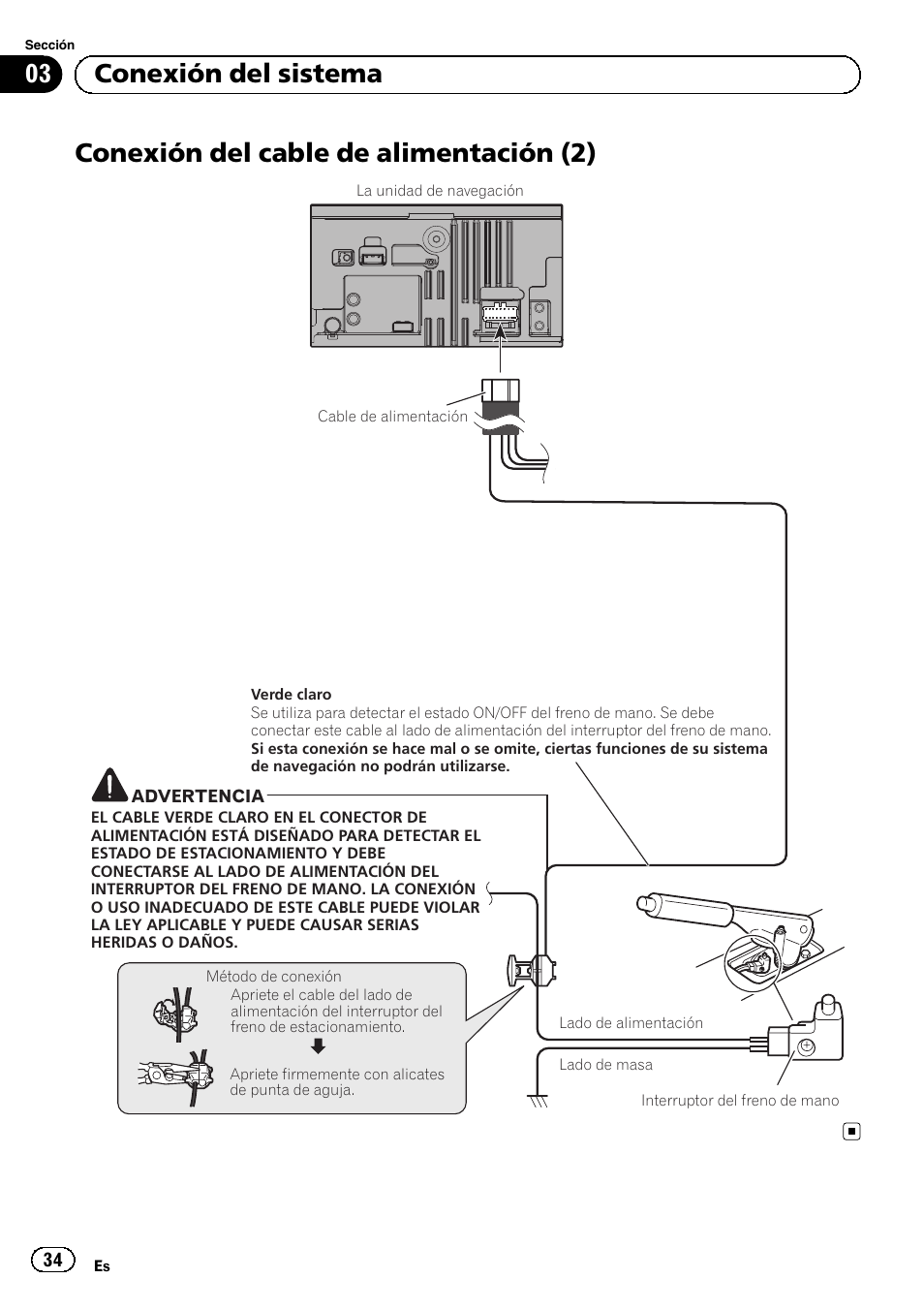 Conexión del cable de alimentación (2), 03 conexión del sistema | Pioneer AVIC-F320BT User Manual | Page 34 / 144