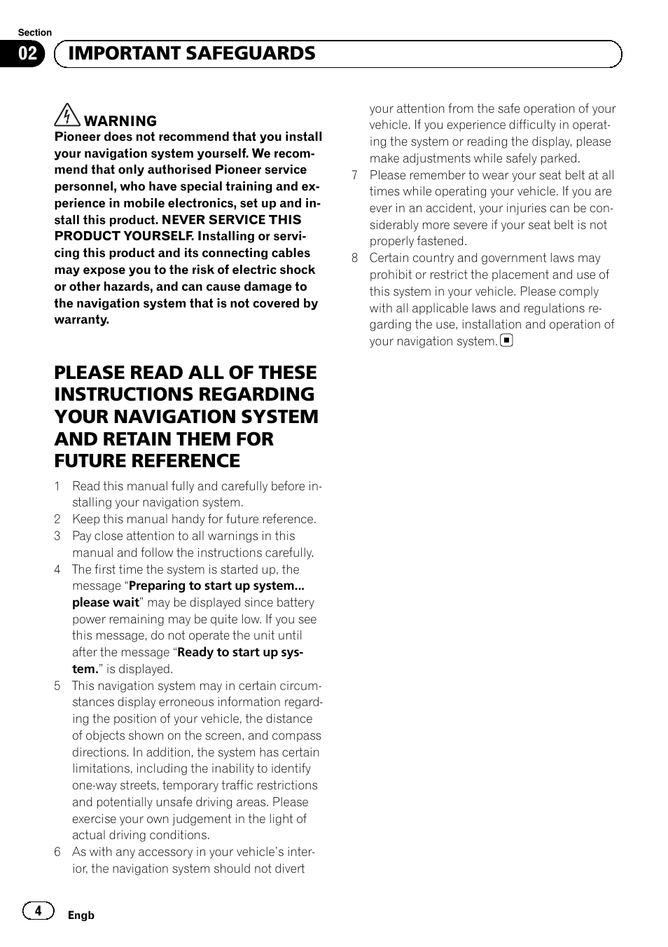 Important safeguards please read all of these, 02 important safeguards | Pioneer AVIC-F320BT User Manual | Page 4 / 144