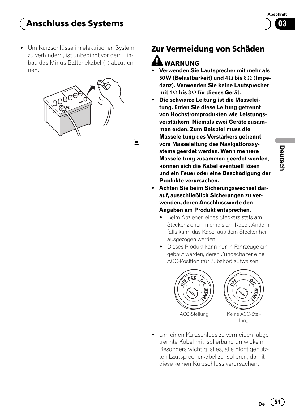 Zur vermeidung von schäden, 03 anschluss des systems, Deutsch | Pioneer AVIC-F320BT User Manual | Page 51 / 144