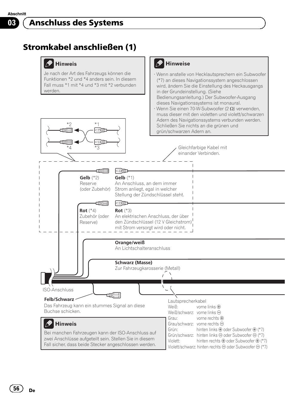 Stromkabel anschließen (1), 03 anschluss des systems | Pioneer AVIC-F320BT User Manual | Page 56 / 144