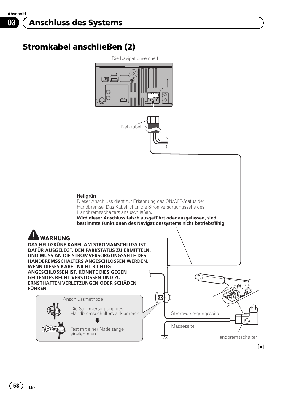 Stromkabel anschließen (2), 03 anschluss des systems | Pioneer AVIC-F320BT User Manual | Page 58 / 144