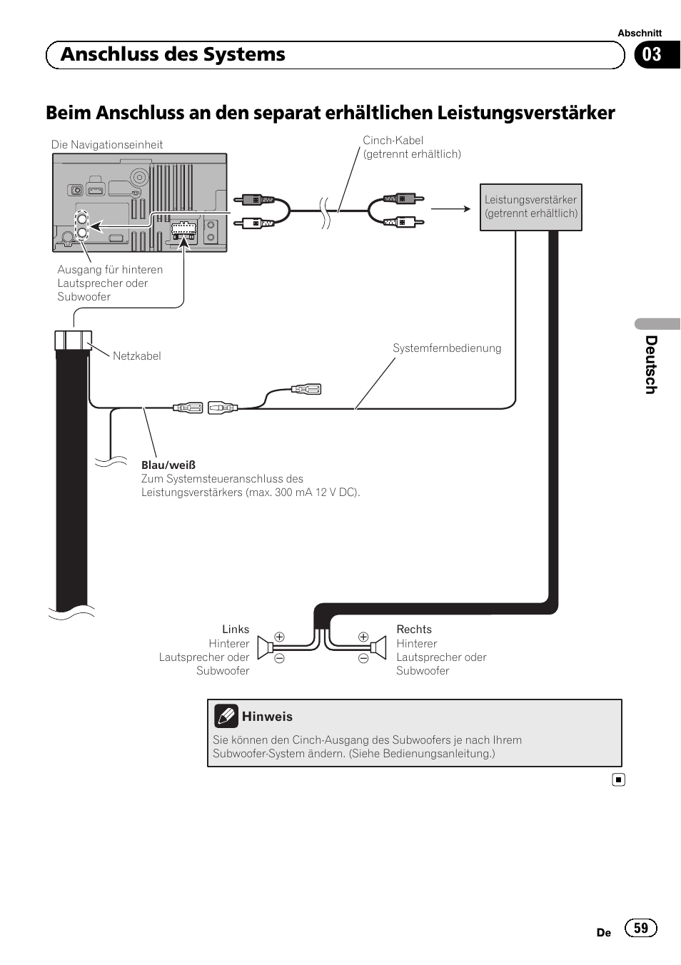 Beim anschluss an den separat erhältlichen, Leistungsverstärker, 03 anschluss des systems | Deutsch | Pioneer AVIC-F320BT User Manual | Page 59 / 144