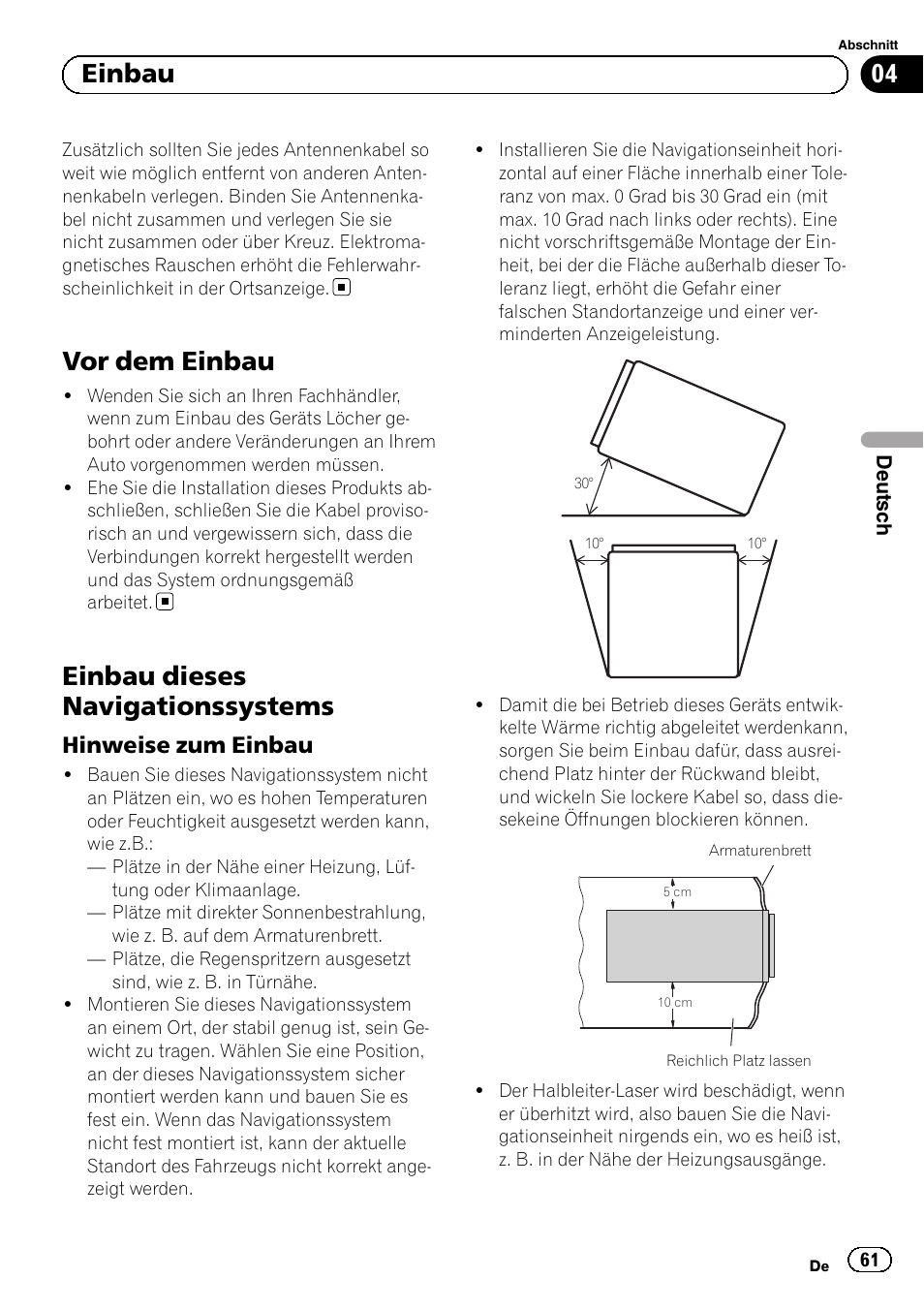 Vor dem einbau, Einbau dieses navigationssystems, Hinweise zum einbau 61 | 04 einbau, Hinweise zum einbau | Pioneer AVIC-F320BT User Manual | Page 61 / 144