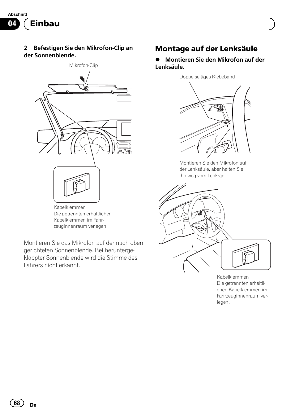 Montage auf der lenksäule 68, 04 einbau, Montage auf der lenksäule | Pioneer AVIC-F320BT User Manual | Page 68 / 144