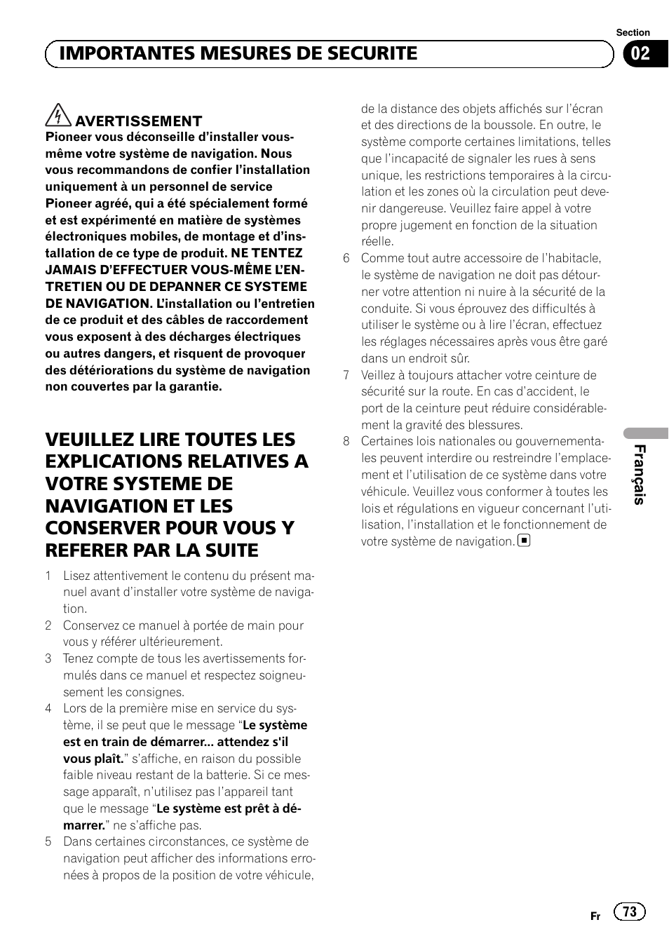 02 importantes mesures de securite | Pioneer AVIC-F320BT User Manual | Page 73 / 144