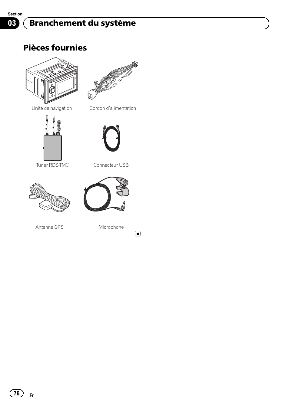 Pièces fournies, 03 branchement du système | Pioneer AVIC-F320BT User Manual | Page 76 / 144