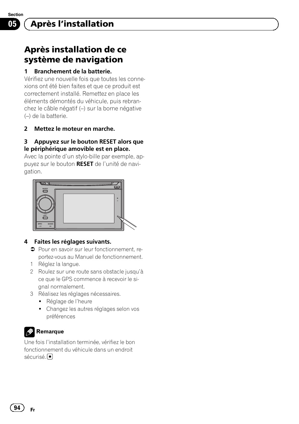 Après l, Installation, Après installation de ce système de | Navigation, Après installation de ce système de navigation, 05 après l ’installation | Pioneer AVIC-F320BT User Manual | Page 94 / 144