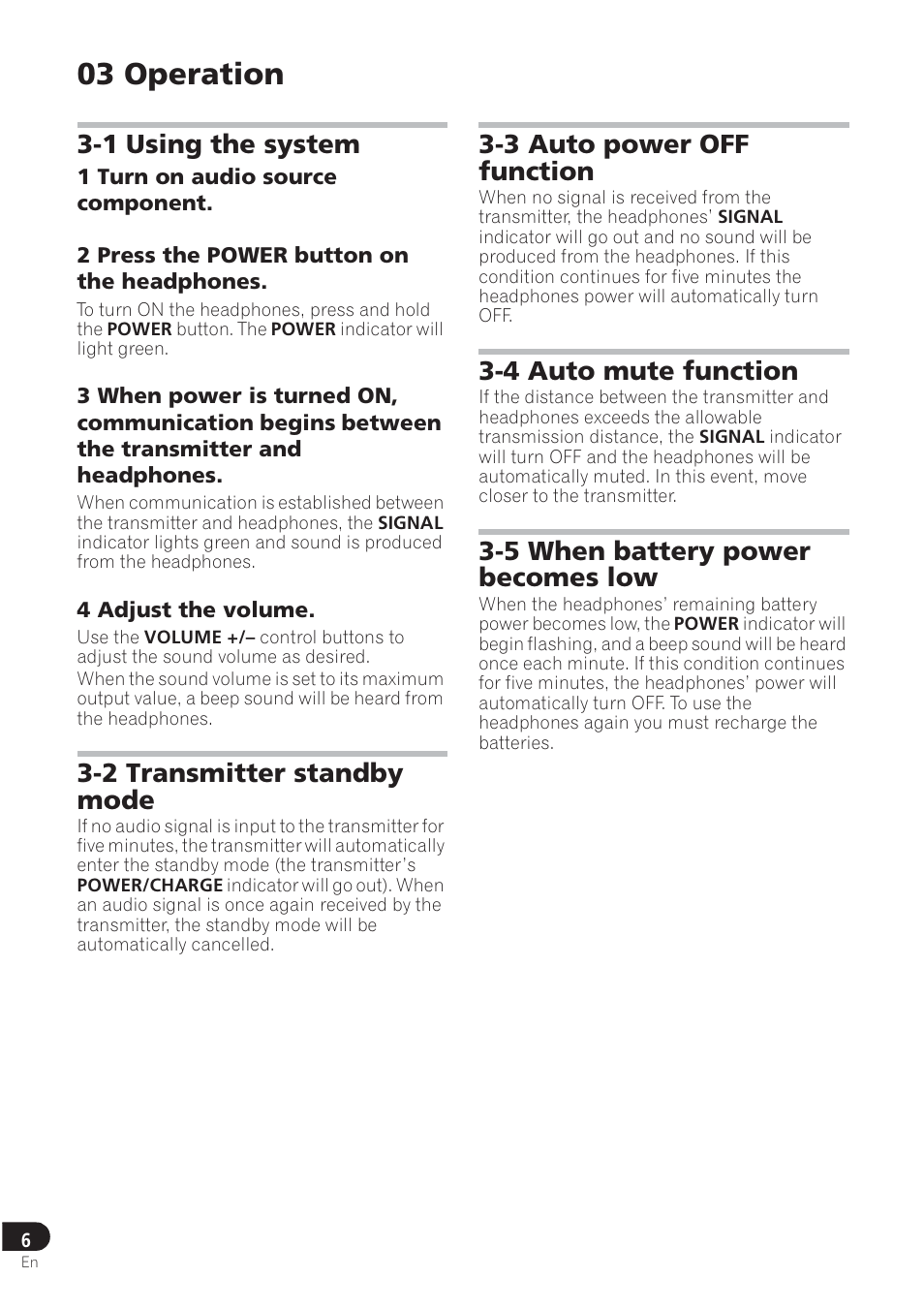 03 operation, 1 using the system, 2 transmitter standby mode | 3 auto power off function, 4 auto mute function, 5 when battery power becomes low | Pioneer SE-DRF41M User Manual | Page 10 / 136