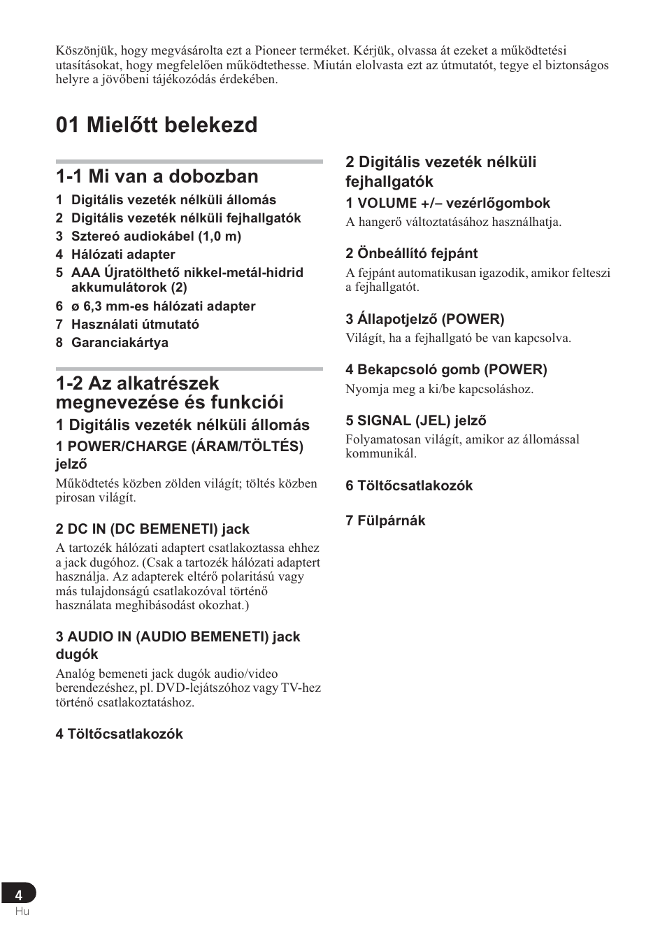 01 miel ętt belekezd, 1 mi van a dobozban, 2 az alkatrészek megnevezése és funkciói | Pioneer SE-DRF41M User Manual | Page 104 / 136