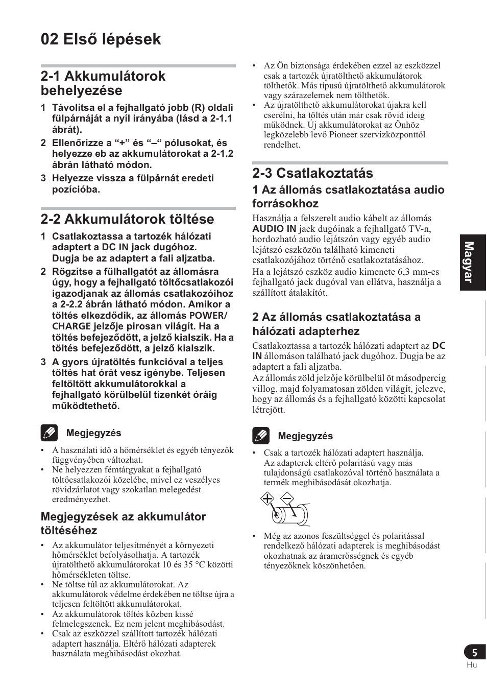 02 els ę lépések, 1 akkumulátorok behelyezése, 2 akkumulátorok töltése | 3 csatlakoztatás, Türkçe norsk česky slovensky magyar pyccкий polska | Pioneer SE-DRF41M User Manual | Page 105 / 136