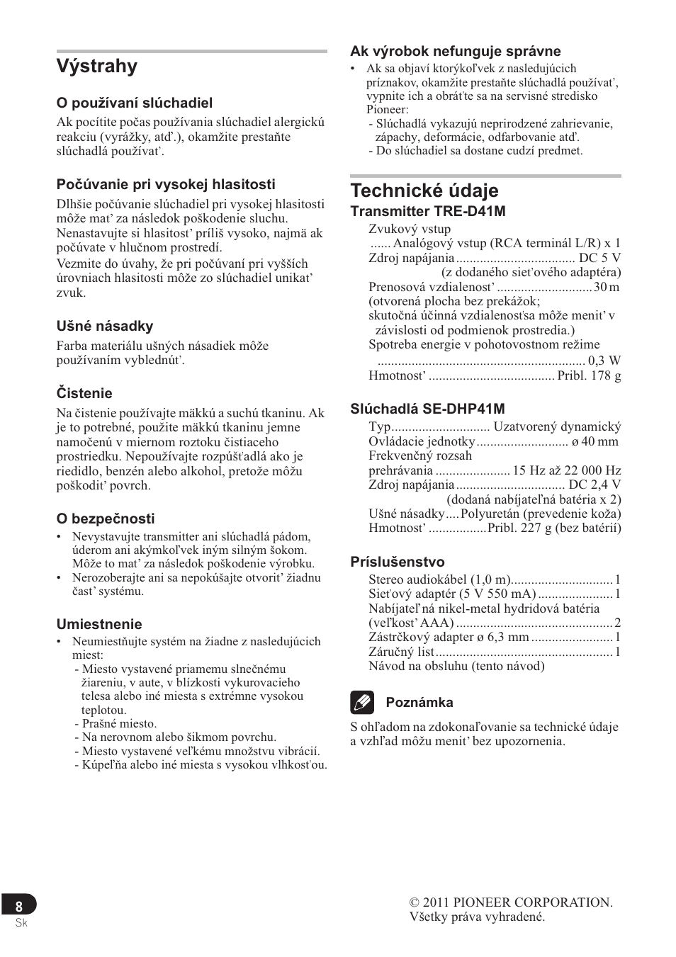 Výstrahy, Technické údaje | Pioneer SE-DRF41M User Manual | Page 116 / 136