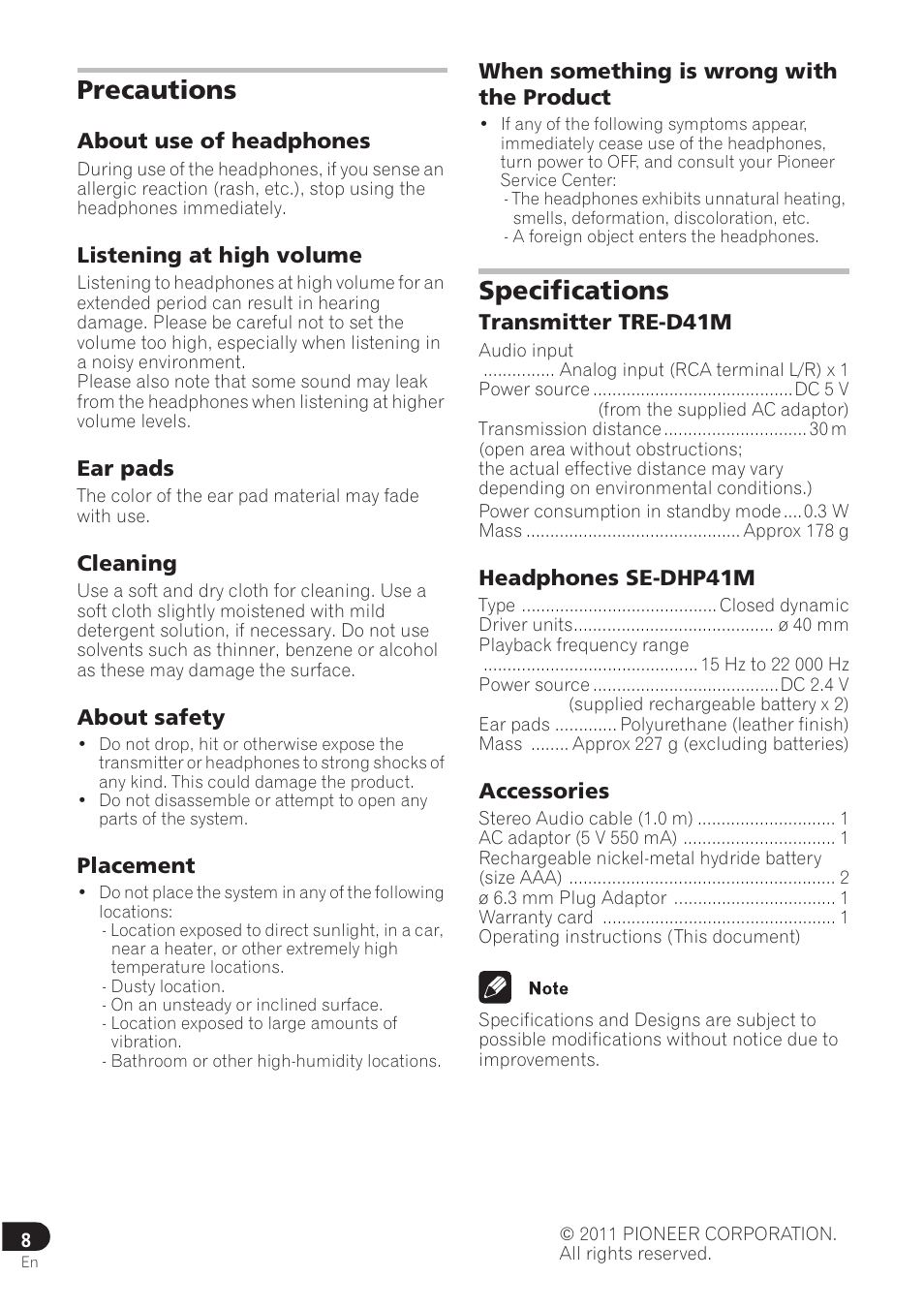 Precautions, Specifications | Pioneer SE-DRF41M User Manual | Page 12 / 136