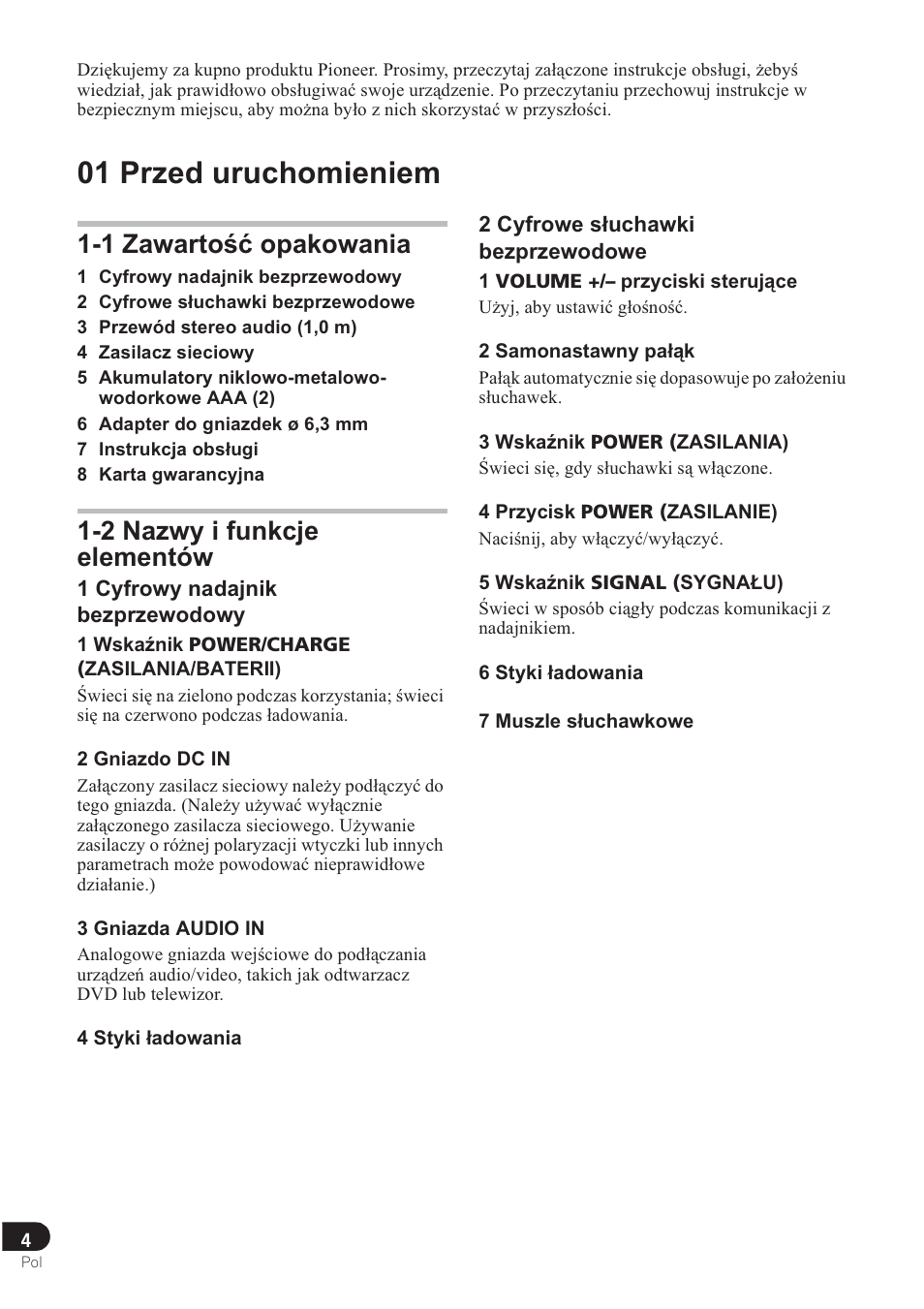 01 przed uruchomieniem, 1 zawarto ğü opakowania, 2 nazwy i funkcje elementów | Pioneer SE-DRF41M User Manual | Page 128 / 136