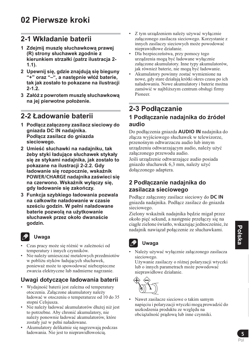 02 pierwsze kroki, 1 wk áadanie baterii, 2 àadowanie baterii | 3 pod áączanie, Türkçe norsk česky slovensky magyar pyccкий polska | Pioneer SE-DRF41M User Manual | Page 129 / 136