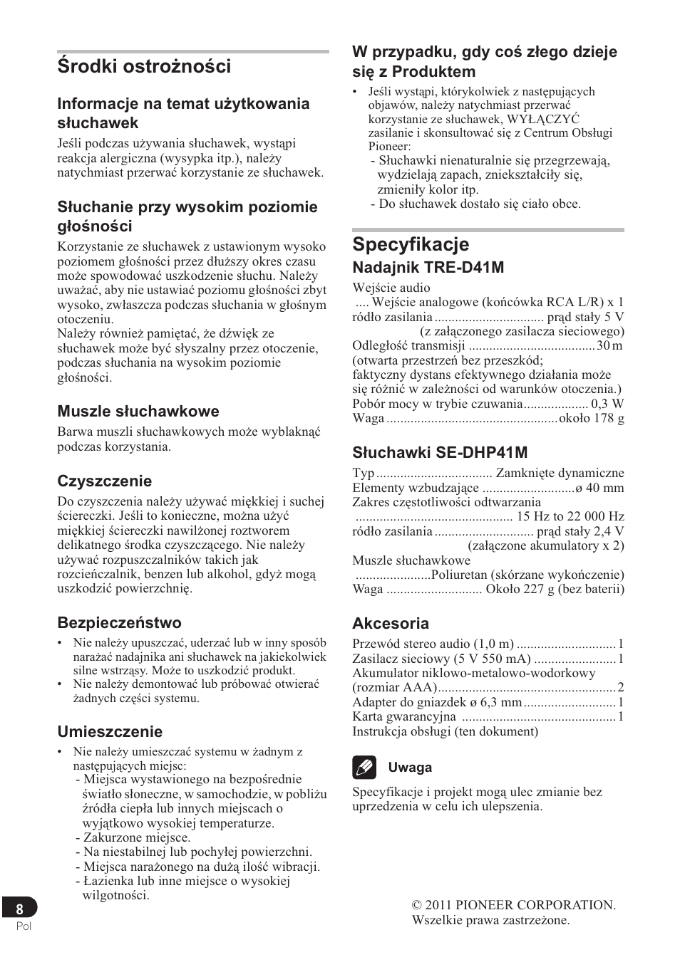 Ĝrodki ostroīnoğci, Specyfikacje | Pioneer SE-DRF41M User Manual | Page 132 / 136