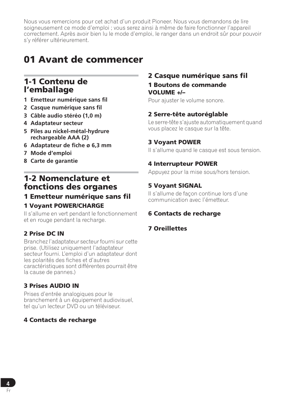 01 avant de commencer, 1 contenu de l’emballage, 2 nomenclature et fonctions des organes | Pioneer SE-DRF41M User Manual | Page 16 / 136