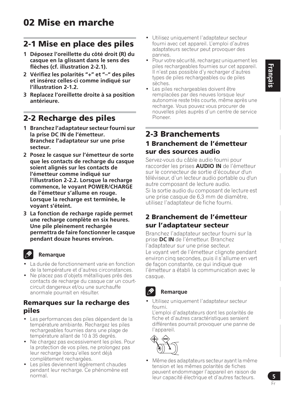 02 mise en marche, 1 mise en place des piles, 2 recharge des piles | 3 branchements | Pioneer SE-DRF41M User Manual | Page 17 / 136