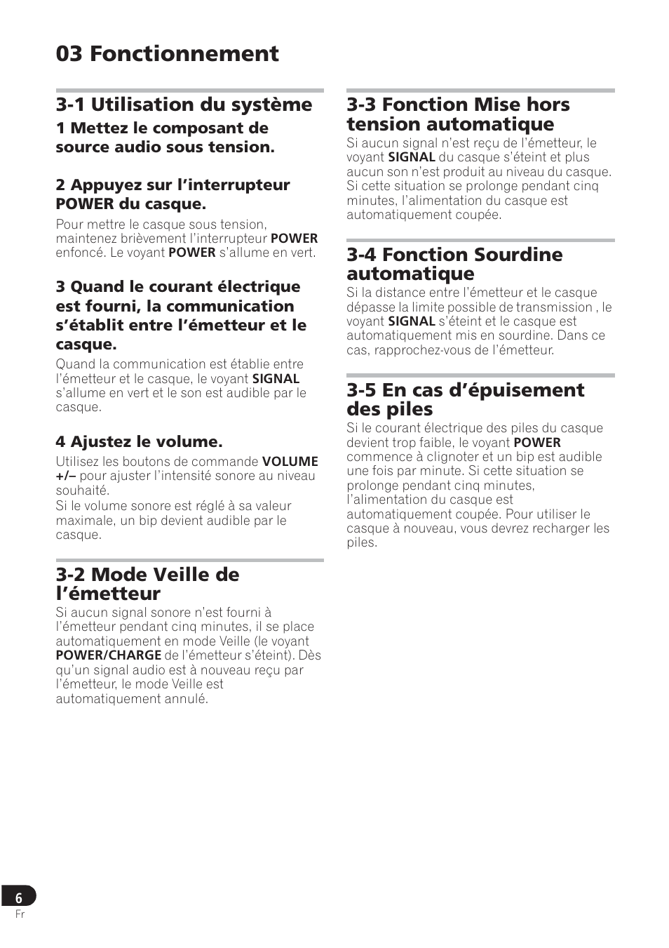 03 fonctionnement, 1 utilisation du système, 2 mode veille de l’émetteur | 3 fonction mise hors tension automatique, 4 fonction sourdine automatique, 5 en cas d’épuisement des piles | Pioneer SE-DRF41M User Manual | Page 18 / 136