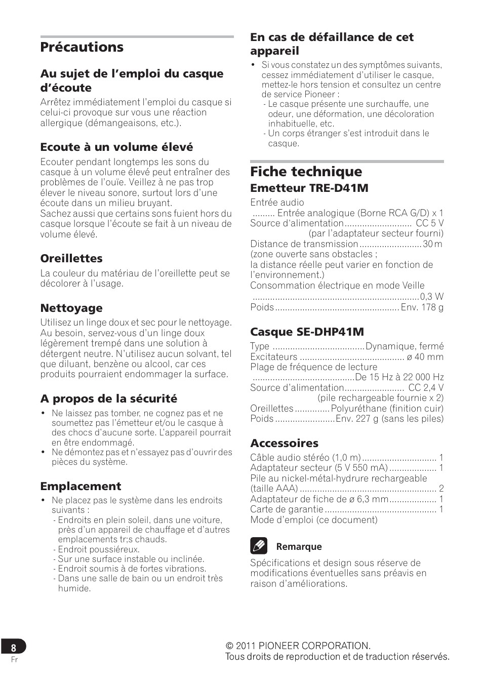 Précautions, Fiche technique | Pioneer SE-DRF41M User Manual | Page 20 / 136