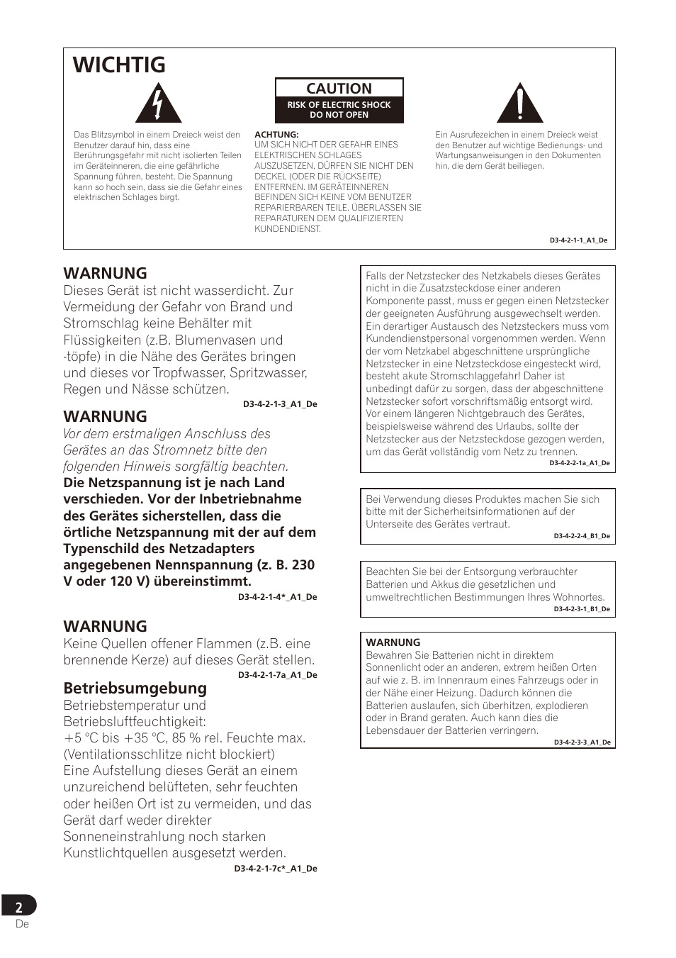 Wichtig, Warnung, Betriebsumgebung | Caution | Pioneer SE-DRF41M User Manual | Page 22 / 136