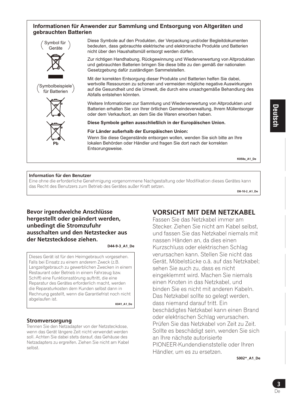 Vorsicht mit dem netzkabel | Pioneer SE-DRF41M User Manual | Page 23 / 136