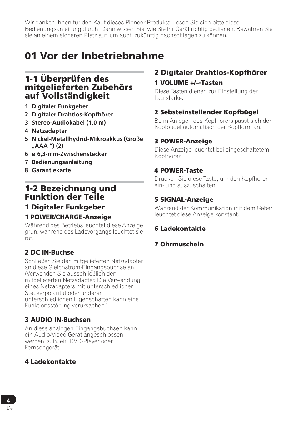01 vor der inbetriebnahme, 2 bezeichnung und funktion der teile | Pioneer SE-DRF41M User Manual | Page 24 / 136