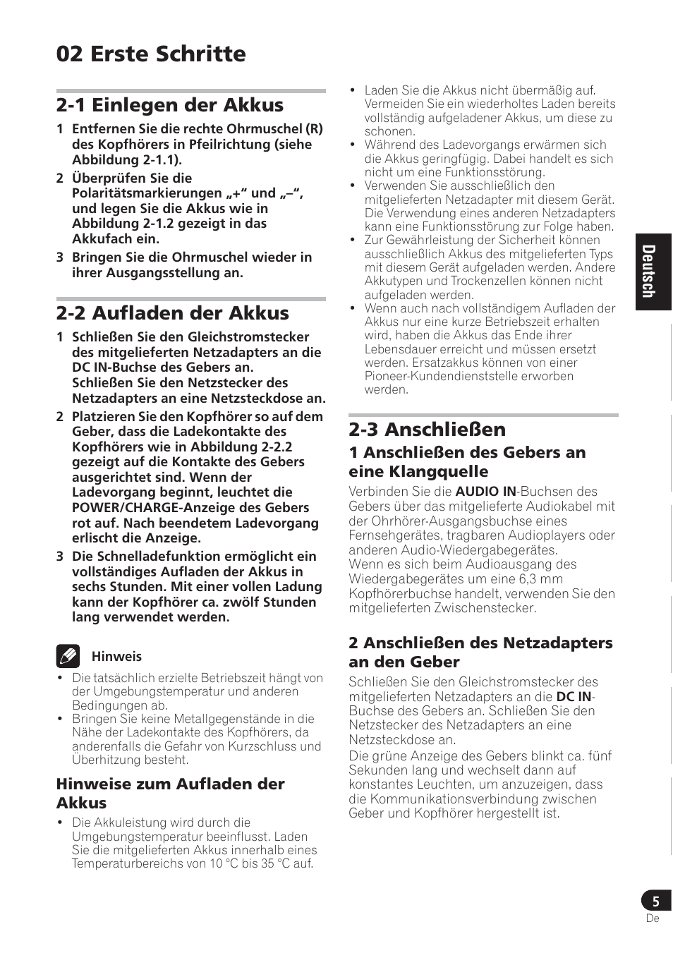 02 erste schritte, 1 einlegen der akkus, 2 aufladen der akkus | 3 anschließen | Pioneer SE-DRF41M User Manual | Page 25 / 136