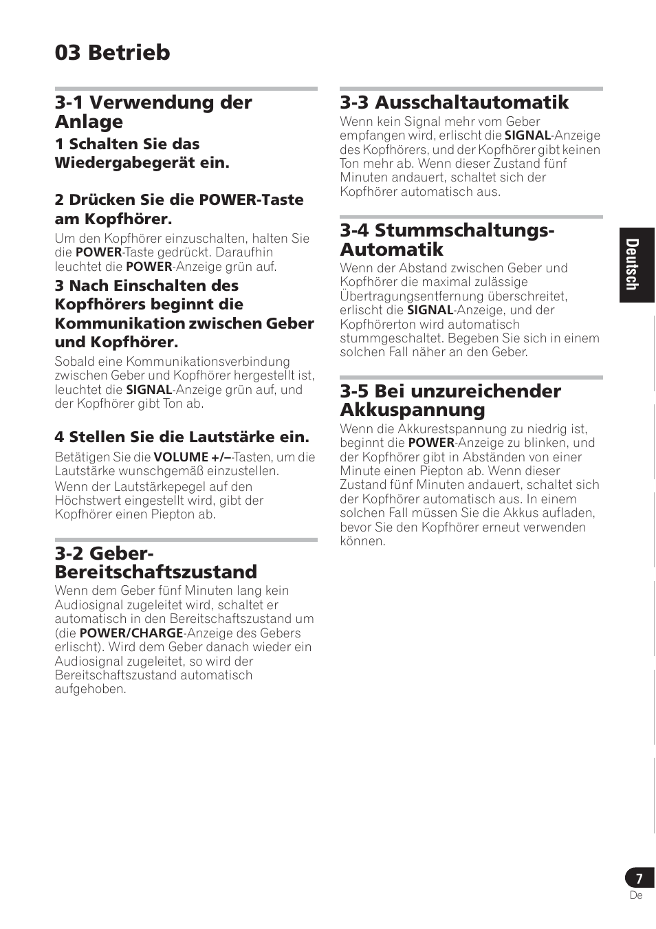 03 betrieb, 1 verwendung der anlage, 2 geber- bereitschaftszustand | 3 ausschaltautomatik, 4 stummschaltungs- automatik, 5 bei unzureichender akkuspannung | Pioneer SE-DRF41M User Manual | Page 27 / 136