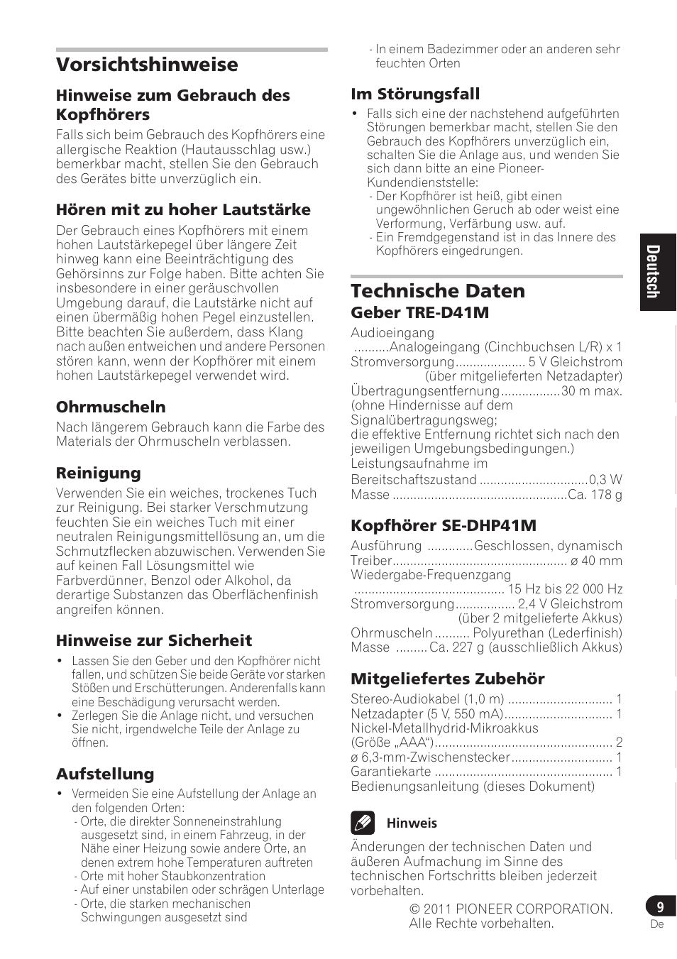 Vorsichtshinweise, Technische daten | Pioneer SE-DRF41M User Manual | Page 29 / 136