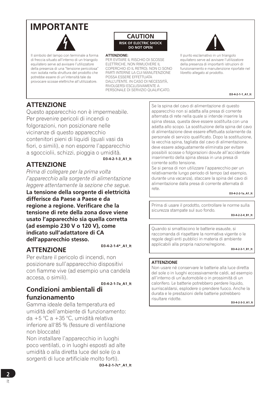 Importante, Attenzione, Condizioni ambientali di funzionamento | Caution | Pioneer SE-DRF41M User Manual | Page 30 / 136