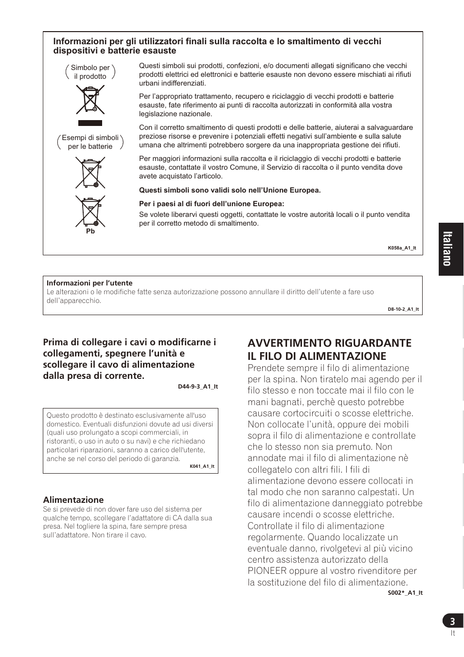 Avvertimento riguardante il filo di alimentazione | Pioneer SE-DRF41M User Manual | Page 31 / 136