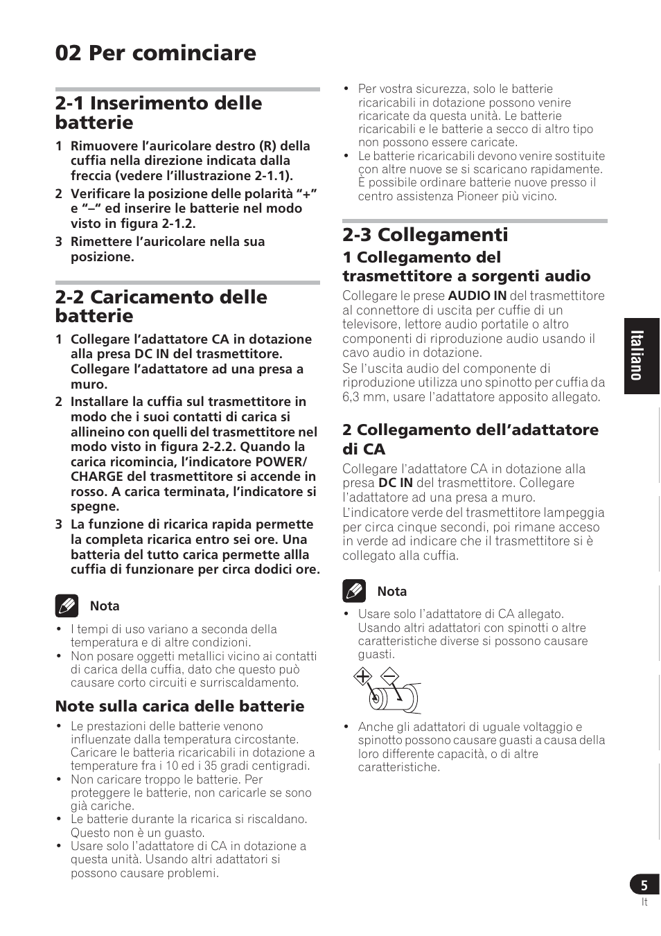 02 per cominciare, 1 inserimento delle batterie, 2 caricamento delle batterie | 3 collegamenti | Pioneer SE-DRF41M User Manual | Page 33 / 136