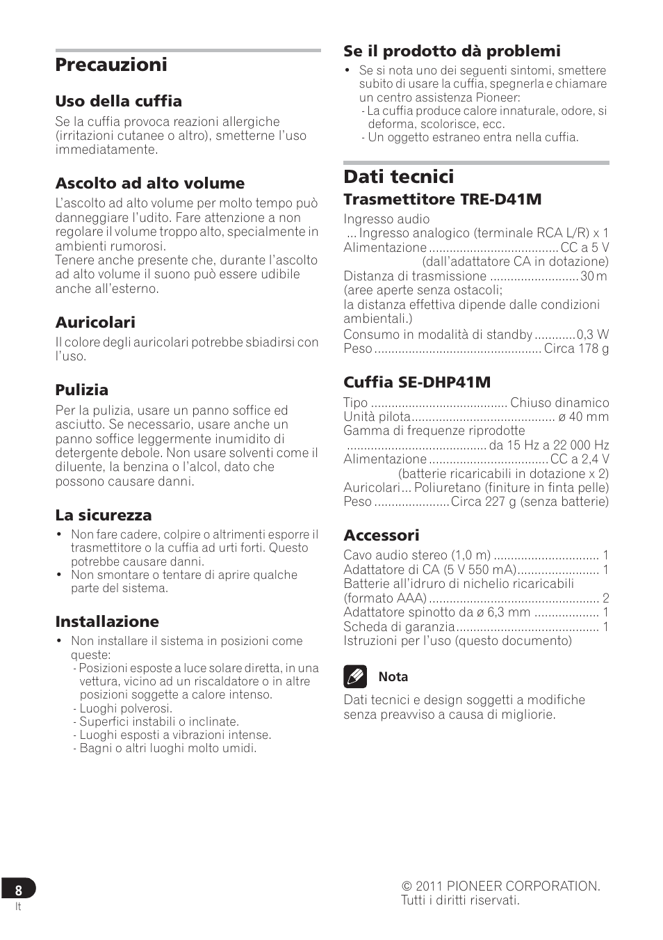 Precauzioni, Dati tecnici | Pioneer SE-DRF41M User Manual | Page 36 / 136
