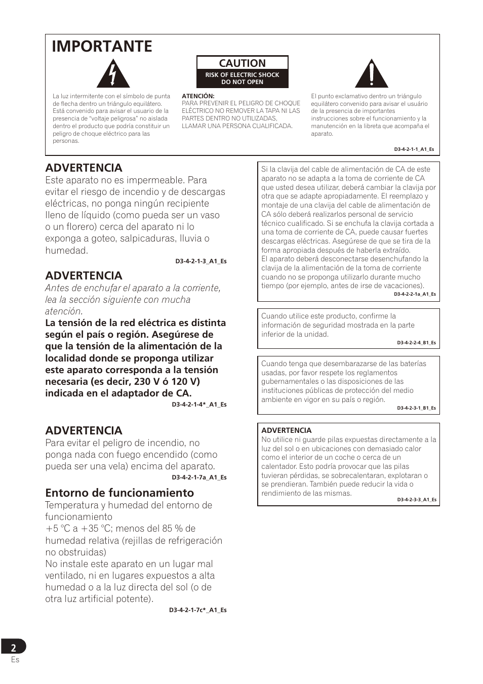 Importante, Advertencia, Entorno de funcionamiento | Caution | Pioneer SE-DRF41M User Manual | Page 38 / 136