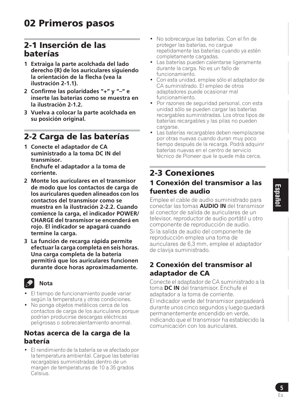 02 primeros pasos, 1 inserción de las baterías, 2 carga de las baterías | 3 conexiones | Pioneer SE-DRF41M User Manual | Page 41 / 136