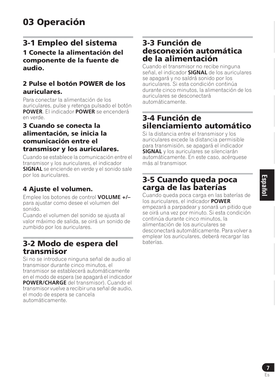 03 operación, 1 empleo del sistema, 2 modo de espera del transmisor | 4 función de silenciamiento automático, 5 cuando queda poca carga de las baterías | Pioneer SE-DRF41M User Manual | Page 43 / 136