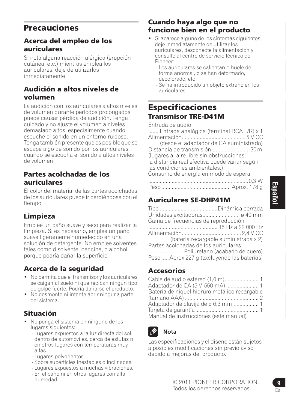 Precauciones, Especificaciones | Pioneer SE-DRF41M User Manual | Page 45 / 136