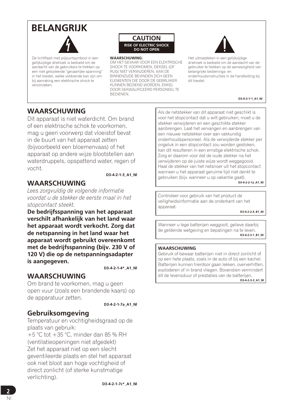 Belangrijk, Waarschuwing, Gebruiksomgeving | Caution | Pioneer SE-DRF41M User Manual | Page 46 / 136