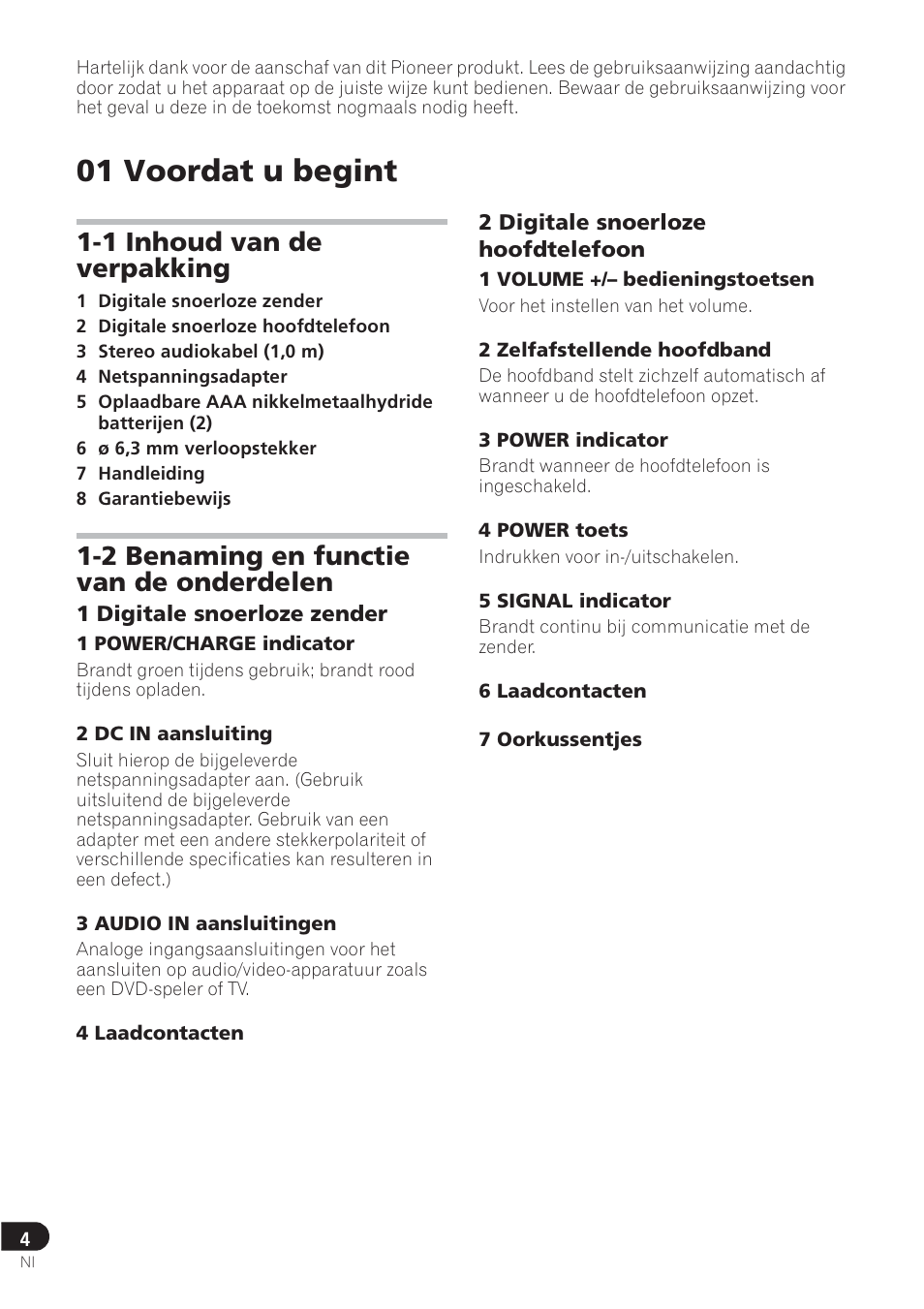 01 voordat u begint, 1 inhoud van de verpakking, 2 benaming en functie van de onderdelen | Pioneer SE-DRF41M User Manual | Page 48 / 136