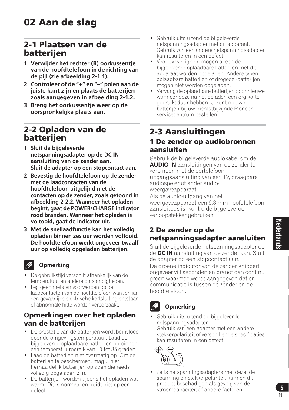 02 aan de slag, 1 plaatsen van de batterijen, 2 opladen van de batterijen | 3 aansluitingen | Pioneer SE-DRF41M User Manual | Page 49 / 136